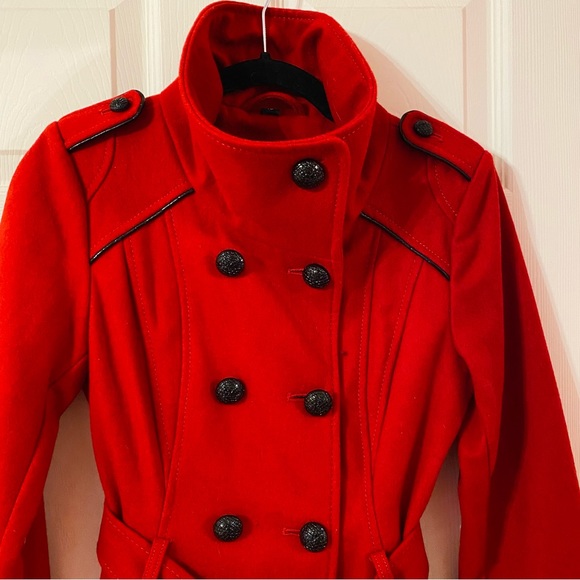 Nwt NEW Guess Red Wool Coat XS Button up winter pea tie belted peacoat jacket - Picture 8 of 15